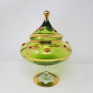 VTG 🟢 Moser Bohemian Green Gilded Glass Apothecary Jar with Red Gems and Floral